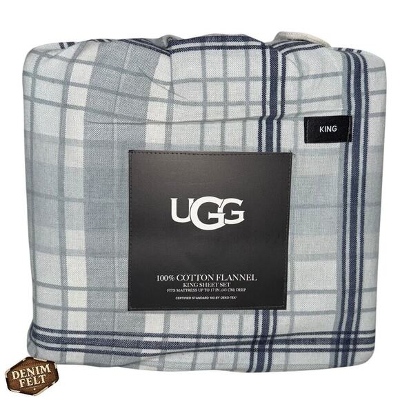 UGG 100% Cotton Flannel Sheet Set King Blue Ocean Plaid 4-Piece Bedding NEW - Picture 1 of 5